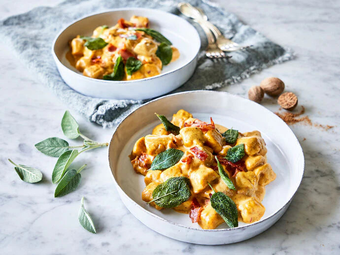 Sweet Potato Gnocchi with Pumpkin Sauce, Pancetta & Fried Sage