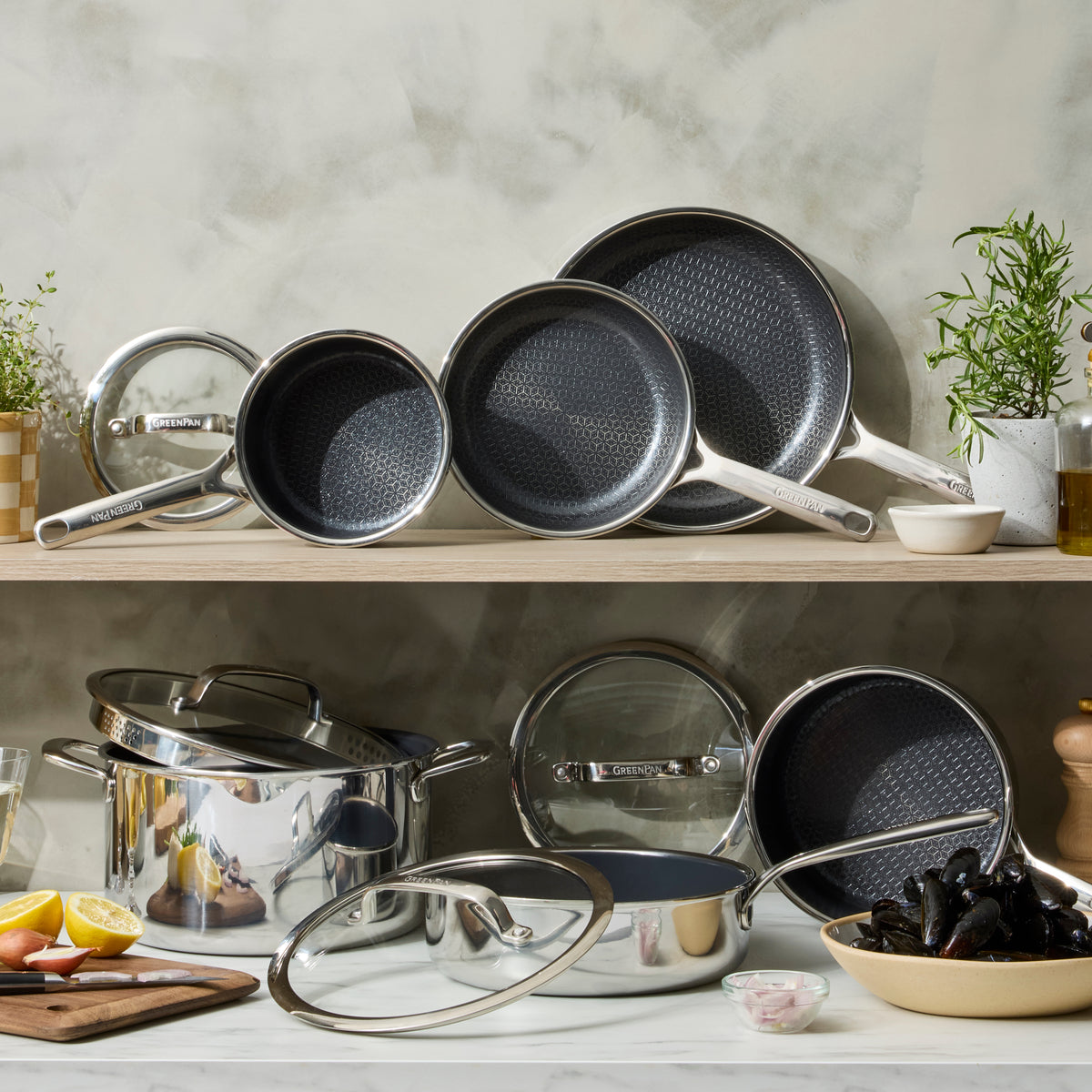 Hybrid ceramic nonstick 8-inch frypan on wooden shelves in a modern kitchen setting.