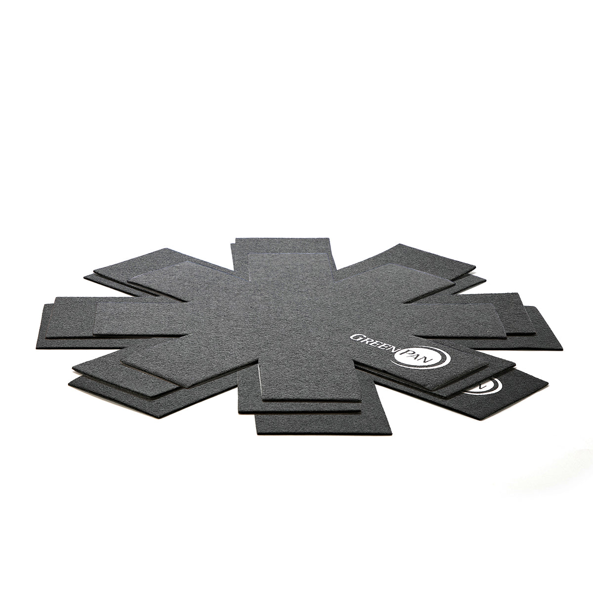 The GreenPan 3 Pan Protectors are gray felt pads in a starburst pattern that prevent scratches on your nonstick pans. One protector features the GreenPan logo for added brand detail.