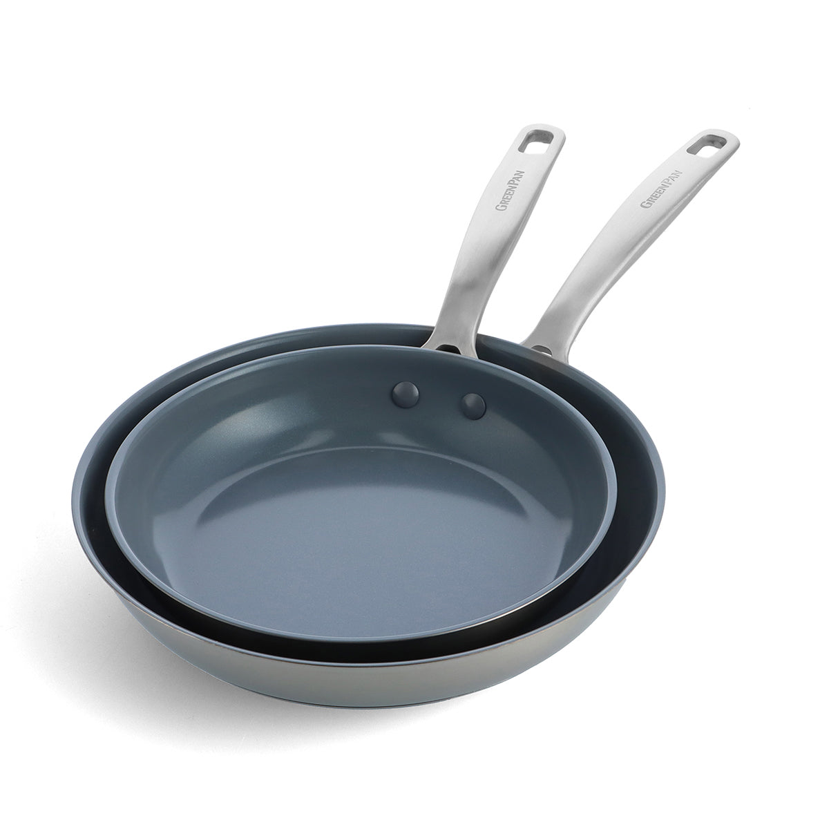 Set of two stainless steel frypans with ceramic nonstick interiors, 9.5-inch and 11-inch sizes, silver color.