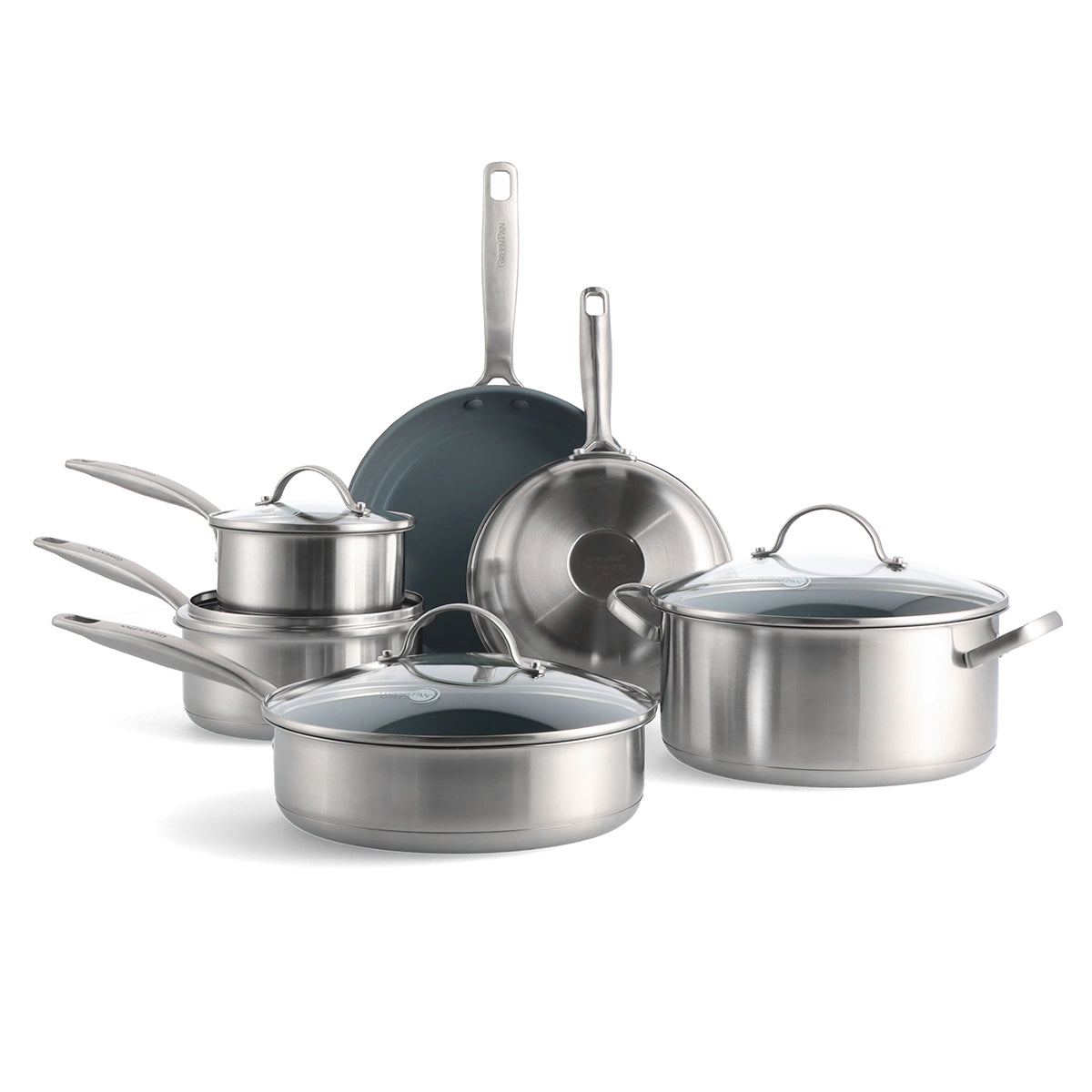 10-piece stainless steel cookware set with gray ceramic interiors displayed on a white surface.