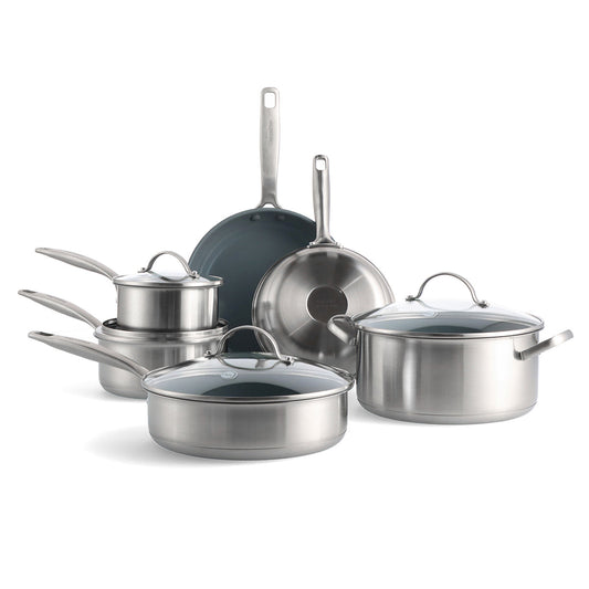 10-piece stainless steel cookware set with gray ceramic interiors displayed on a white surface.