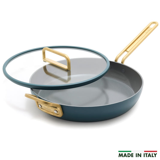 Venetian teal ceramic 12-inch frypan with gold handle and matching glass lid.