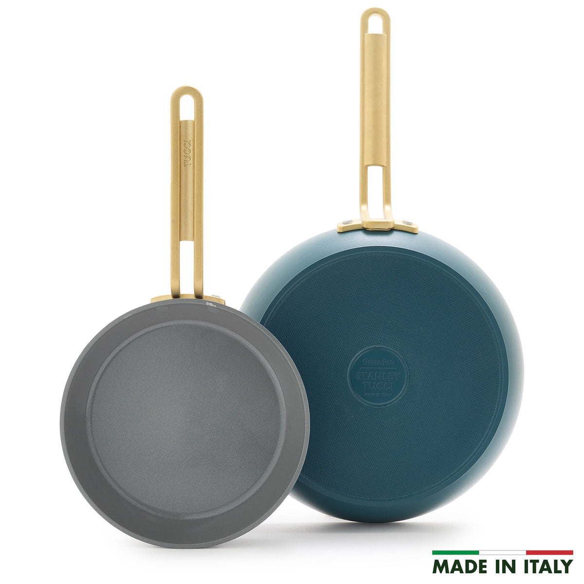 Two Stanley Tucci™ Ceramic Nonstick frypans (20cm & 26cm) with gold handles—one displaying the cooking surface, the other its Venetian Teal bottom. PFAS-free and MADE IN ITALY text with Italian flag appear at lower right.