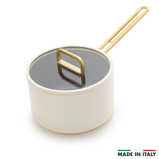 Stanley Tucci™ Ceramic Non-Stick 3.8-Litre Saucepan with Lid | Carrara White