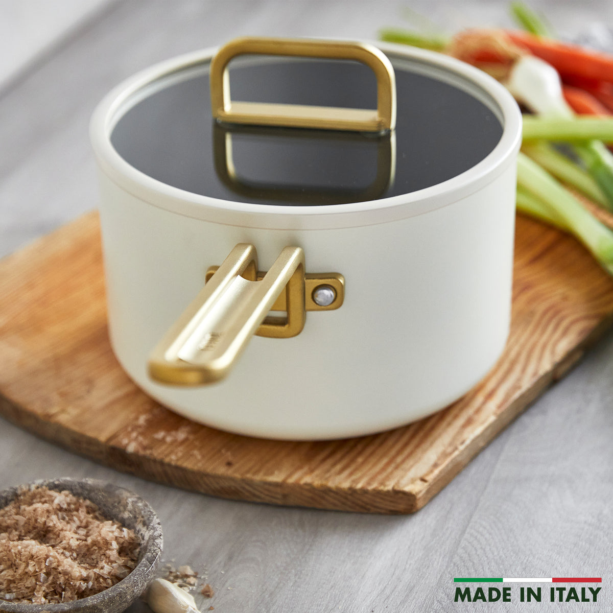 Stanley Tucci™ Ceramic Non-Stick 3.8-Litre Saucepan with Lid | Carrara White