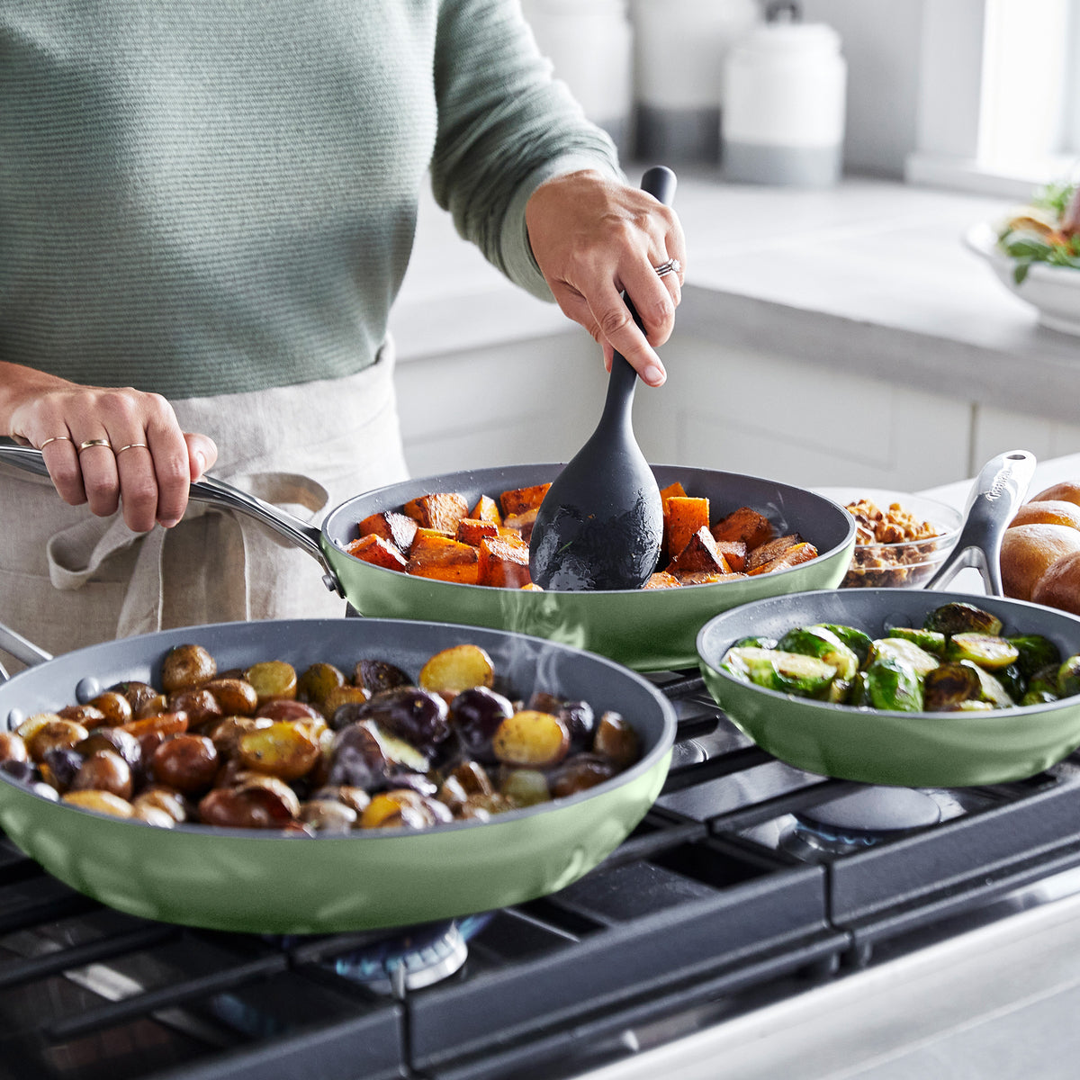 Valencia Pro Ceramic Non-Stick 20 cm, 24 cm, and 28 cm Frypan Set | Sage