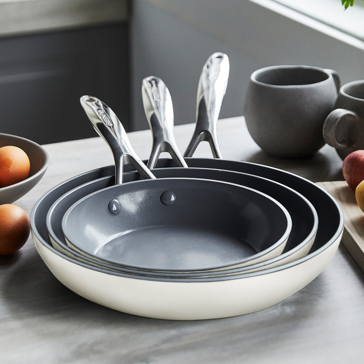 Valencia Pro Ceramic Non-Stick 20 cm, 24 cm, and 28 cm Frypan Set | Cream