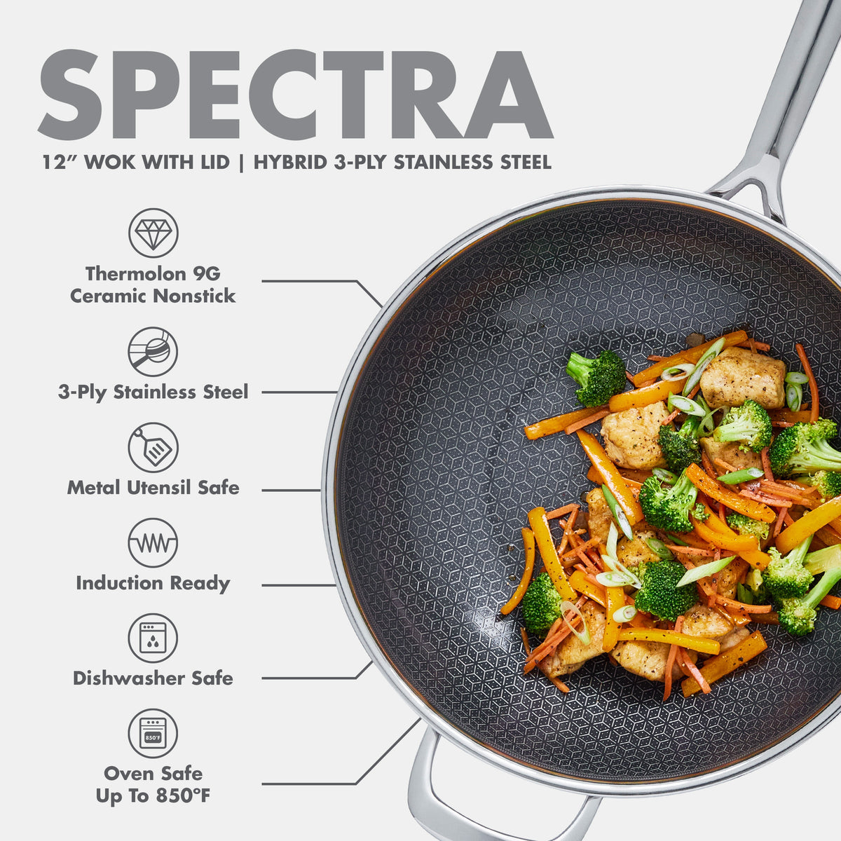 Gray ceramic nonstick 12-inch wok with glass lid, shown cooking stir-fried vegetables and chicken.