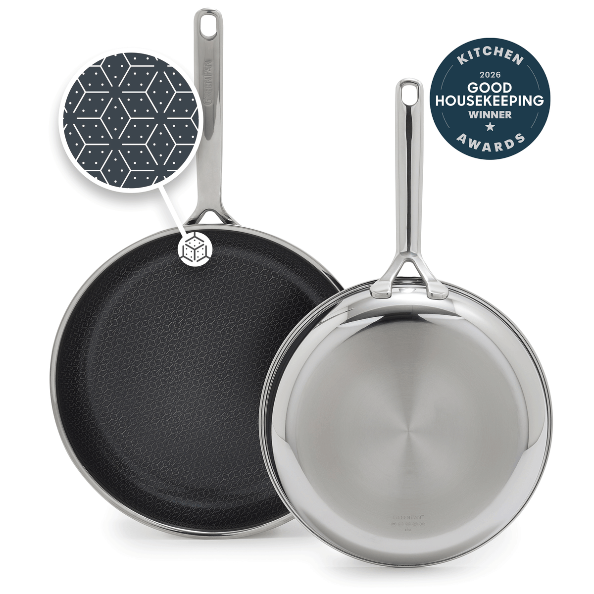Two gray ceramic nonstick frypans, 10-inch and 12-inch, with a Good Housekeeping 2026 Award badge.