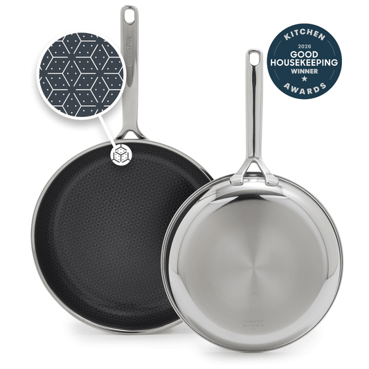 Two gray ceramic nonstick frypans, 10-inch and 12-inch, with a Good Housekeeping 2026 Award badge.