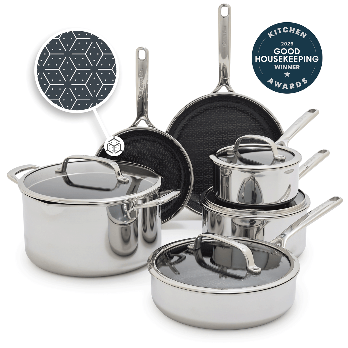 Ten-piece ceramic nonstick cookware set with glass lids, shown in a modern kitchen setting.