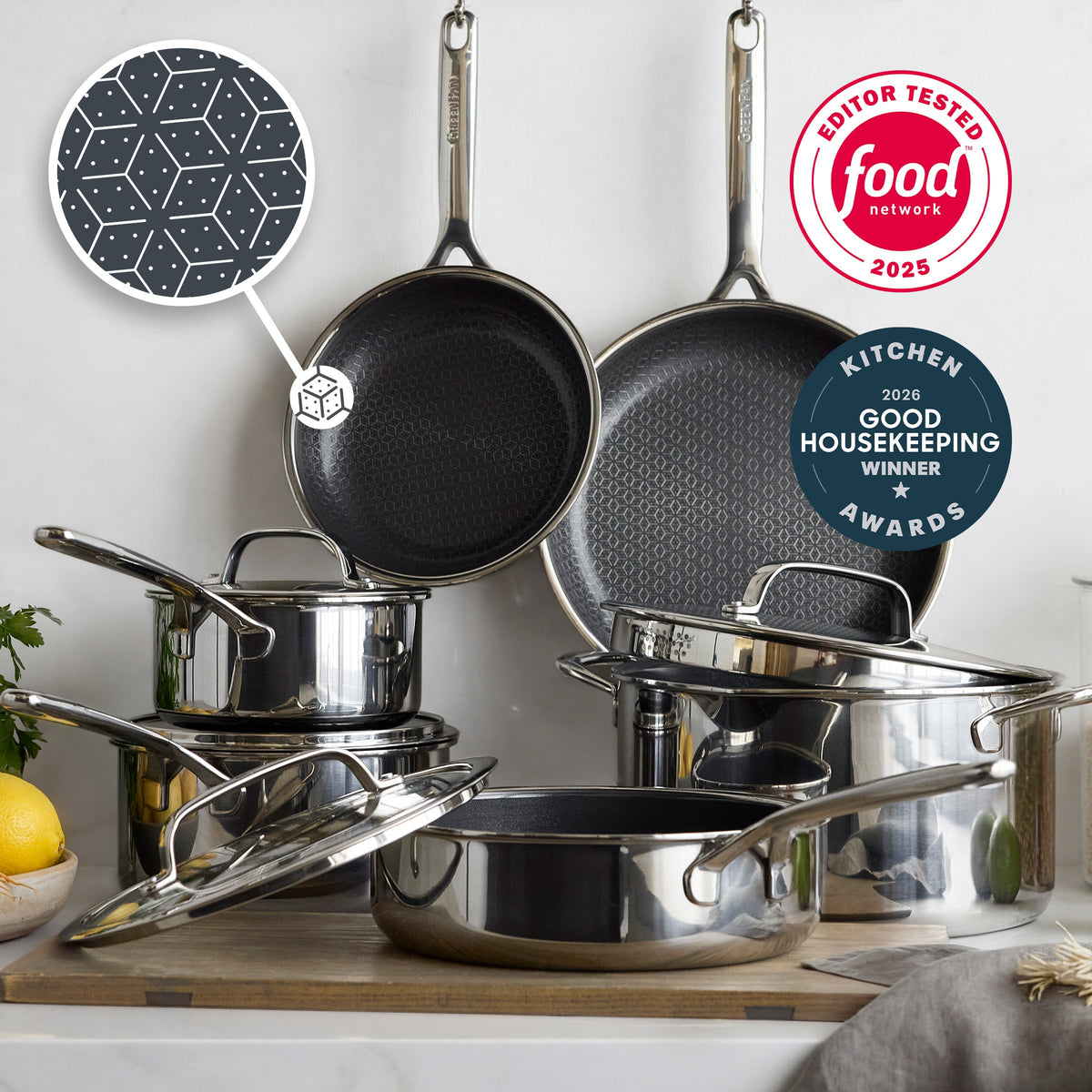 10-piece hybrid ceramic cookware set with glass lids on a counter, close-up shows the pan’s smooth cooking surface.