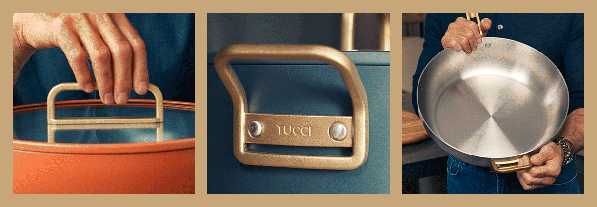 Hands lifting a pot and pan set with gold handles; pot has a teal lid and both pieces have a sleek, modern design.