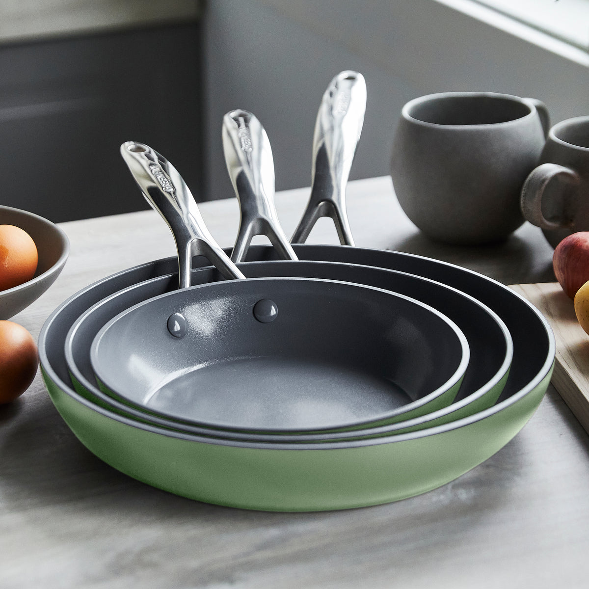 Valencia Pro Ceramic Non-Stick 20 cm, 24 cm, and 28 cm Frypan Set | Sage