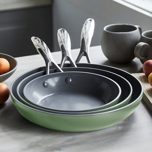 Valencia Pro Ceramic Non-Stick 20 cm, 24 cm, and 28 cm Frypan Set | Sage