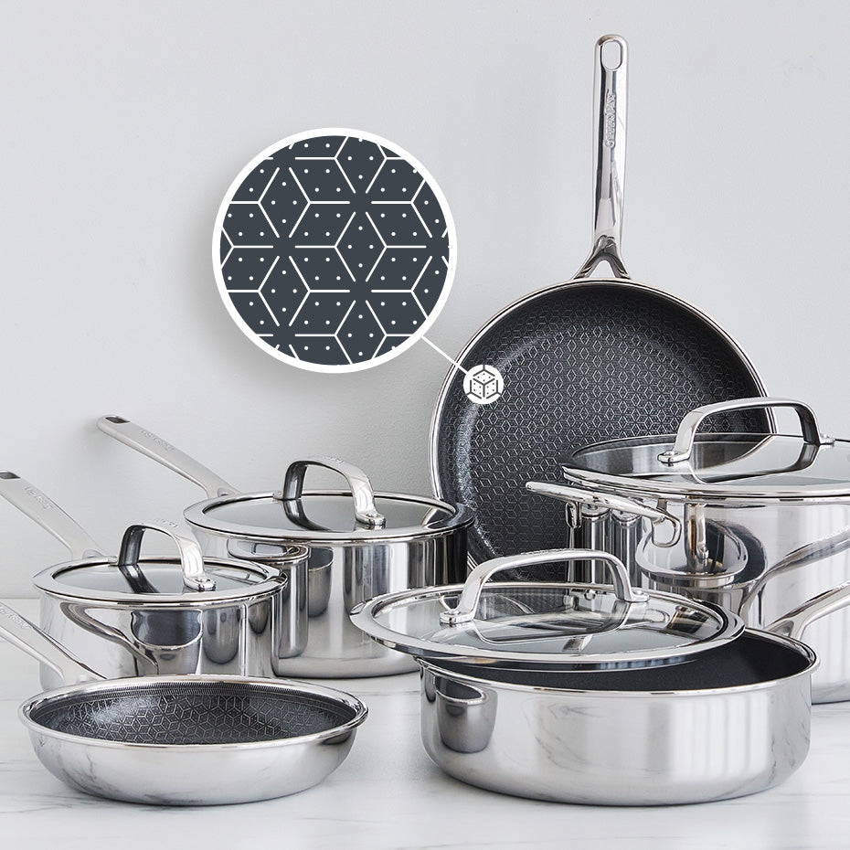 Close-up of Spectra Thermobond hybrid ceramic nonstick cookware showing unique surface pattern, part of 12-piece set.