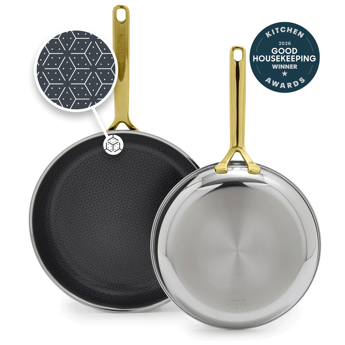 Set of two gold-handled frying pans with white ceramic interiors, sizes 10 and 30cm.