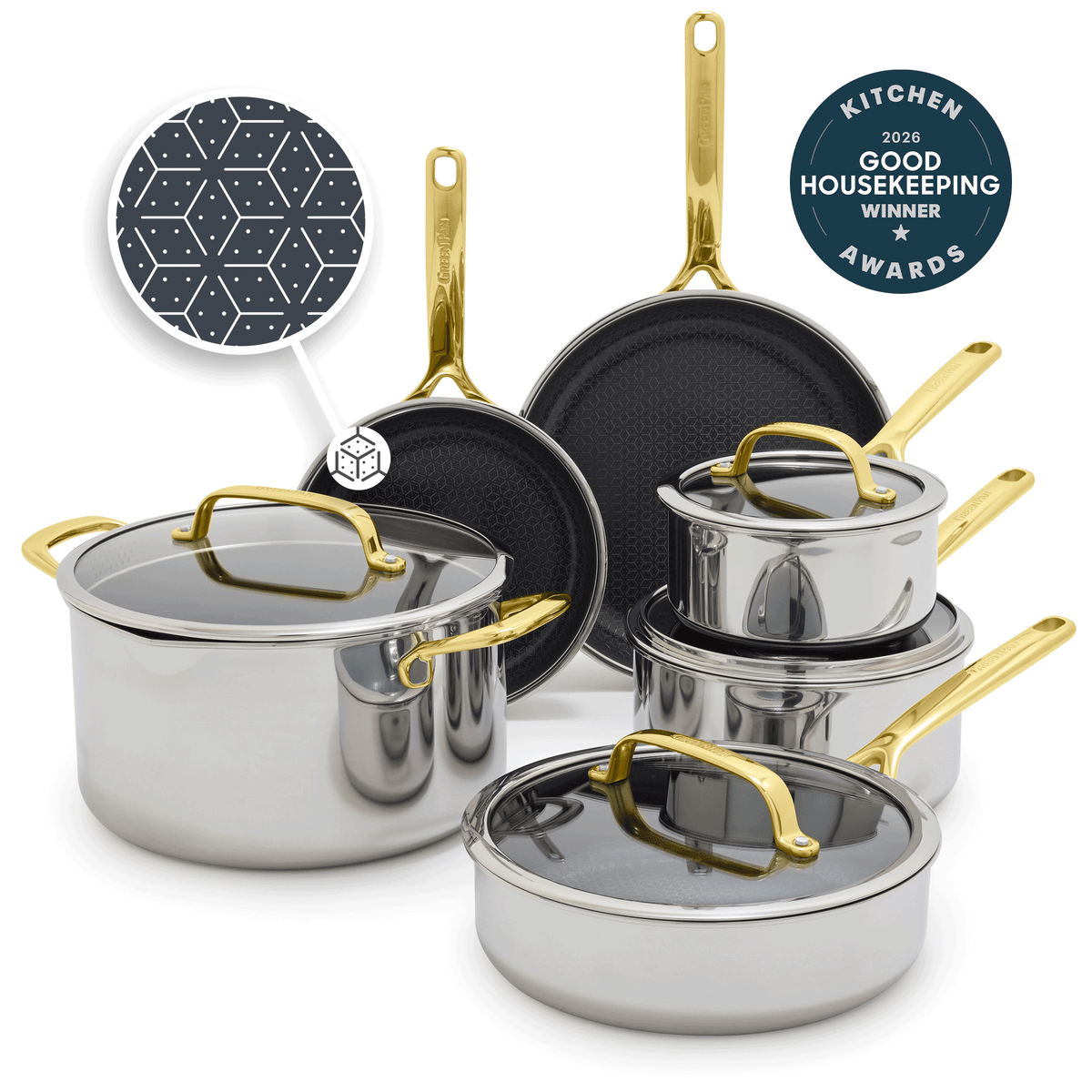 Gold-handled hybrid ceramic nonstick cookware set with glass lids, 10 pieces displayed together.