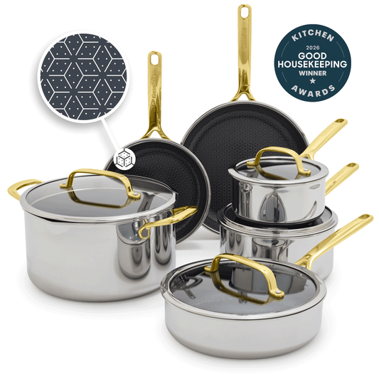 Gold-handled hybrid ceramic nonstick cookware set with glass lids, 10 pieces displayed together.