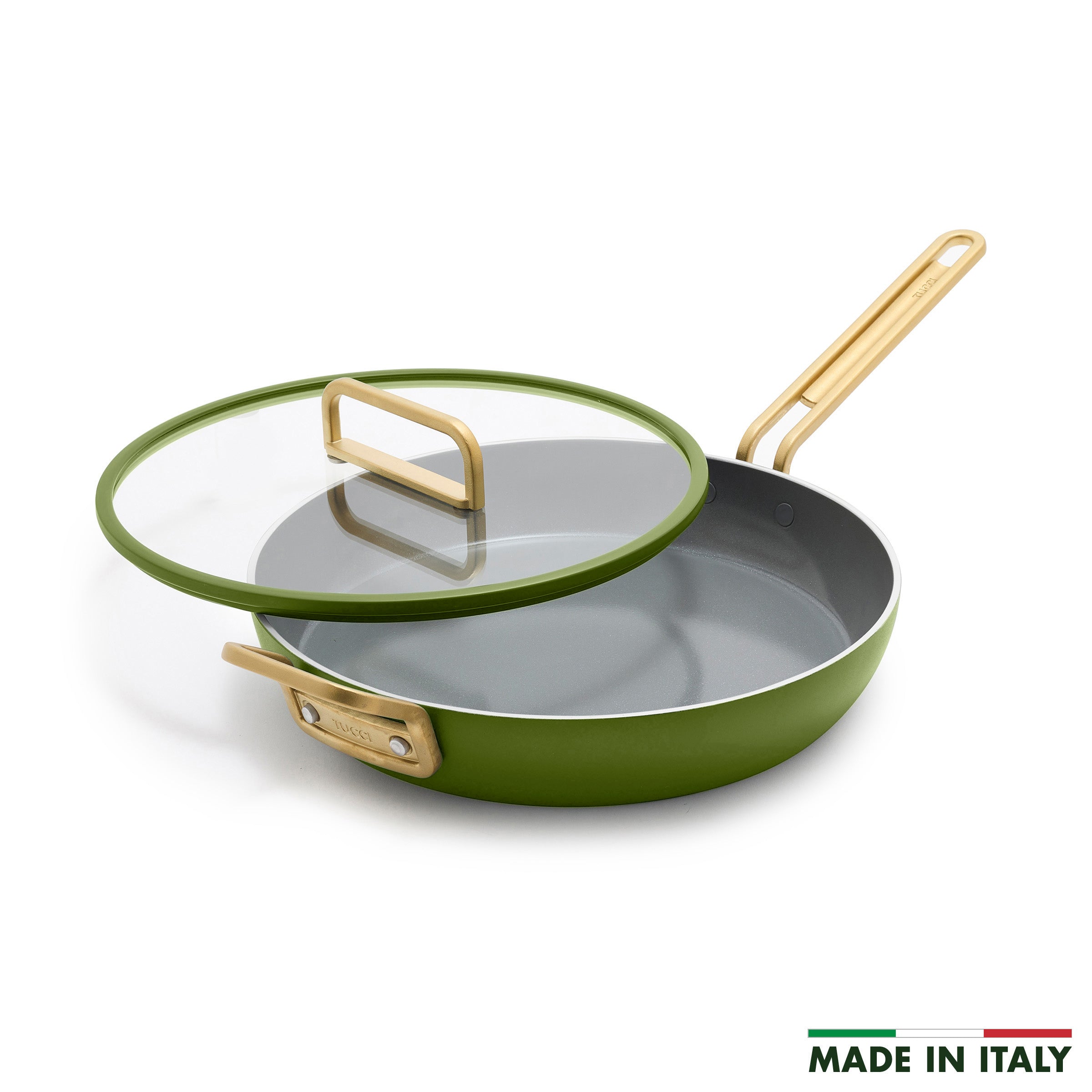 Green ceramic frypan with gold handle and glass lid, 12-inch size. Brand name on the side.