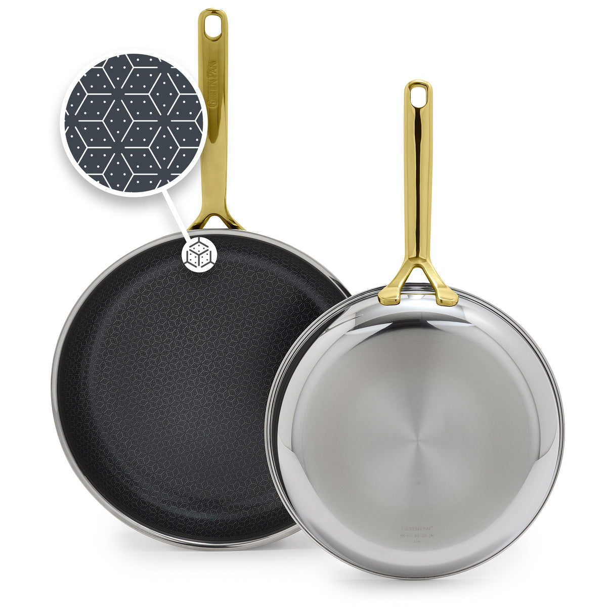 Gold-handled ceramic frypan set with geometric pattern, includes two pans, 10-inch and 12-inch sizes.