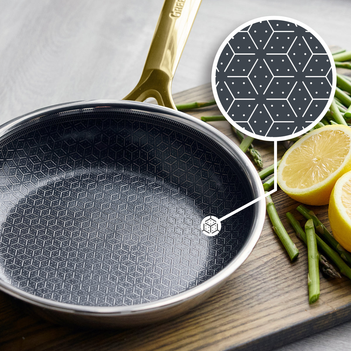 Gold ceramic cookware set with hexagon pattern and nonstick finish, shown as multiple pots and pans.