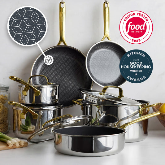 Gold-handled hybrid ceramic cookware set, 10 pieces, with a textured nonstick surface shown in close-up.