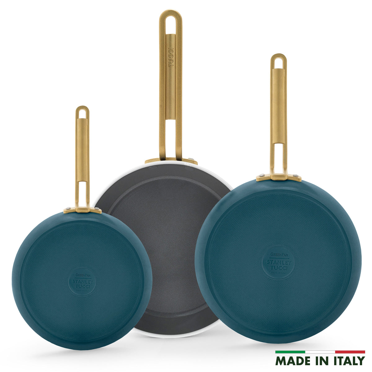 Three teal frying pans with gold handles on a white background