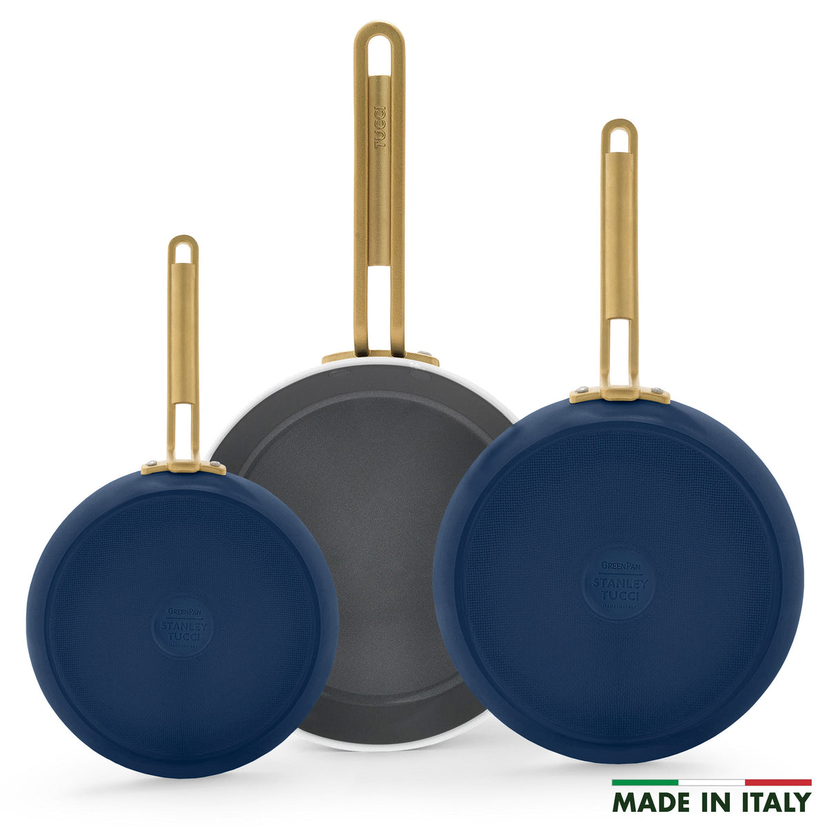 Three blue frying pans with gold handles on a white background