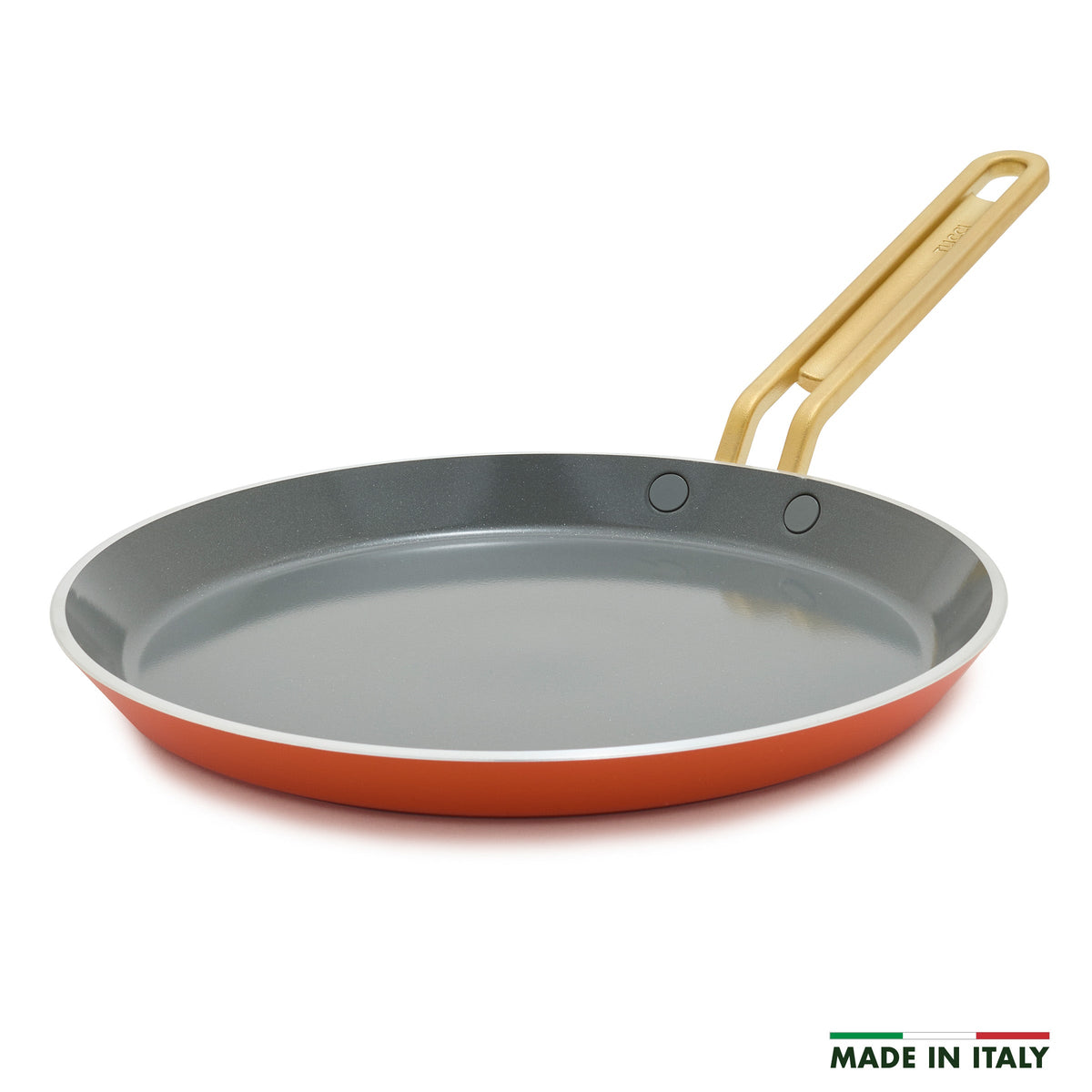 Red frying pan with gold handle and nonstick ceramic interior, single piece shown.