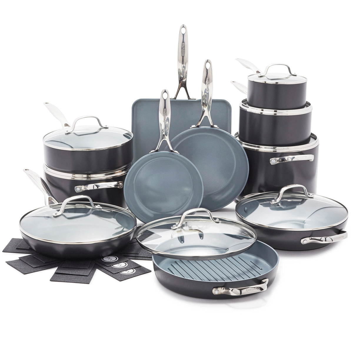 Gray 19-piece ceramic cookware set with frying pans, pots, lids, grill pan, and protective pads displayed together.