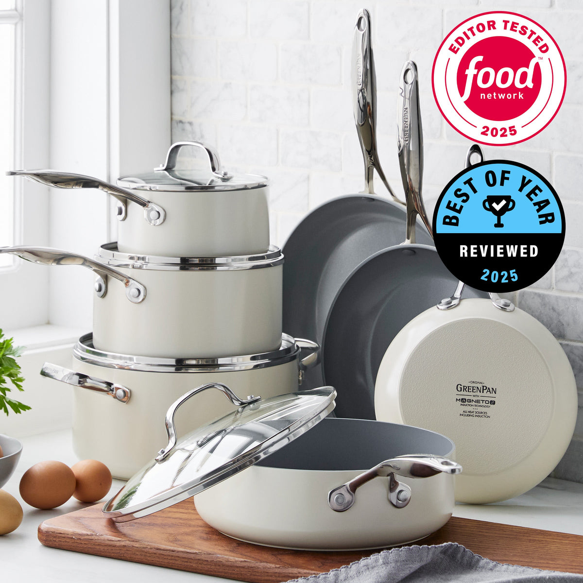 Valencia Pro Ceramic Non-Stick 11-Piece Cookware Set | Cream