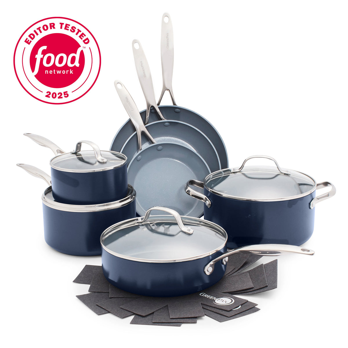 11-piece ceramic nonstick cookware set in twilight blue with glass lids, felt protectors, and a 2025 editor badge visible.