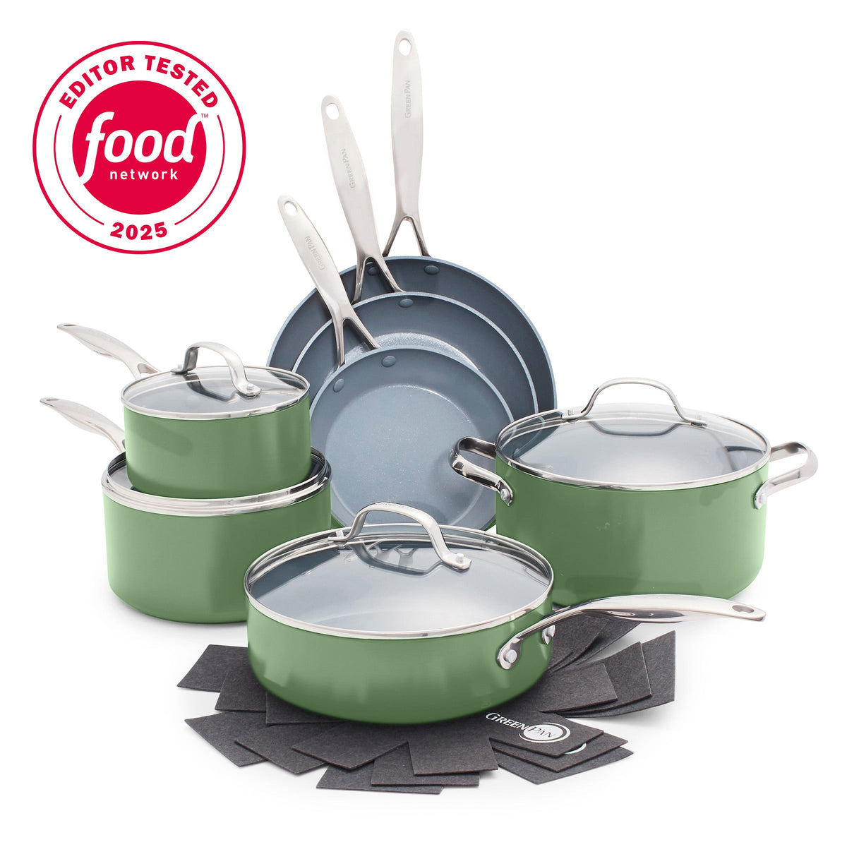 Sage green ceramic nonstick cookware set with pans, lids, protectors, and Magneto base, 11 pieces shown.